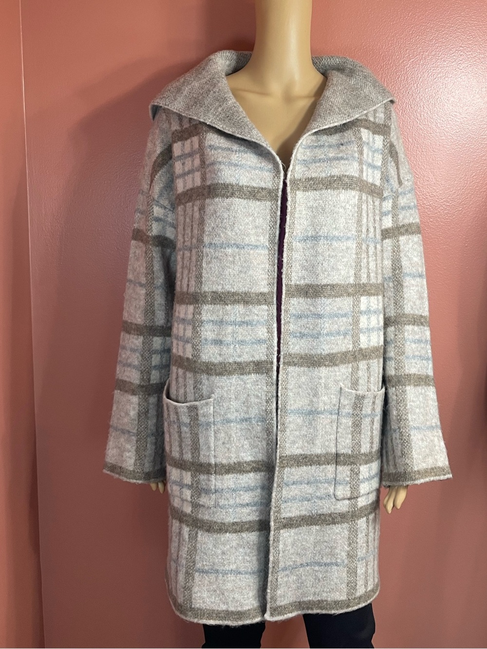 Plaid Wool-Blend Hooded Pea Coat in Light Gray & Blue